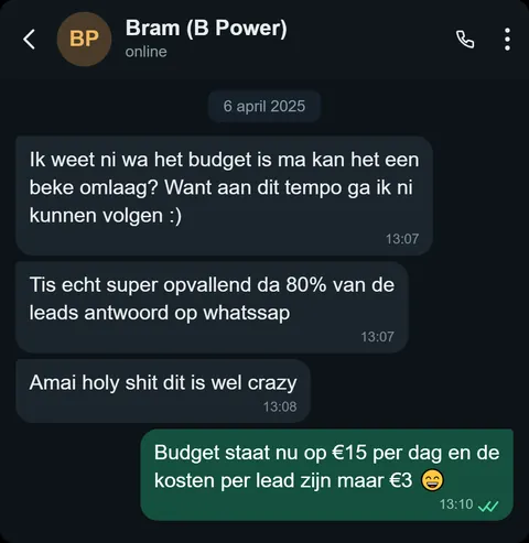 WhatsApp bericht van tevreden klant